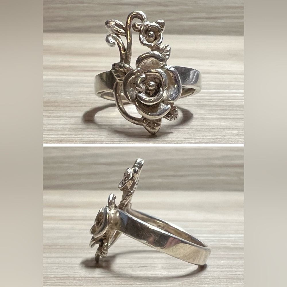 Vintage Designer Hallmarked Sterling Silver Double Rose Vine Ring, Size 8.5